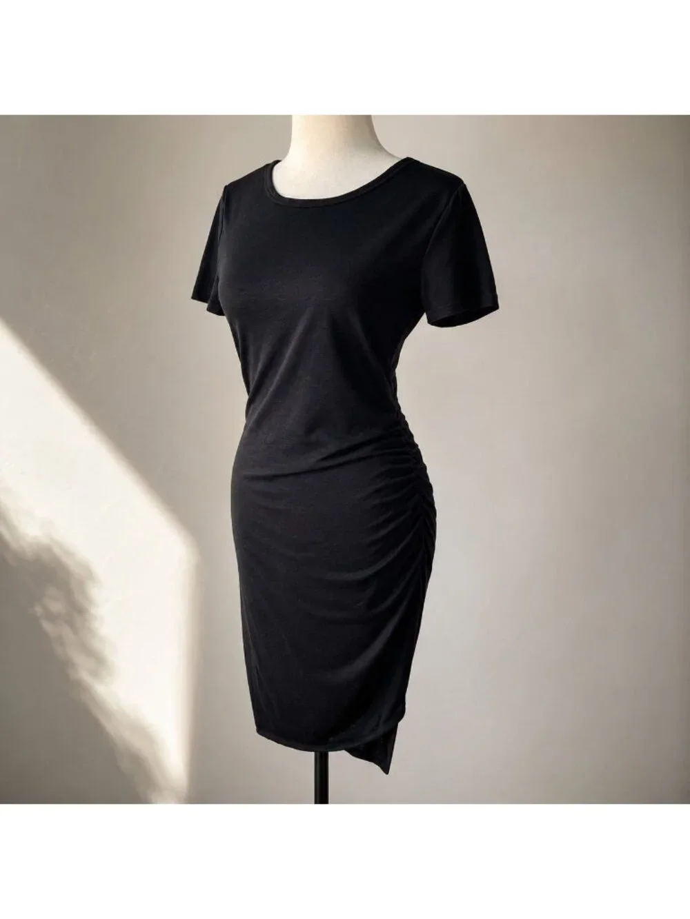 BTFBM Black Ruched Bodycon Jersey T-Shirt Midi Dress Asymmetrical Hem Sz Small - Picture 2 of 15